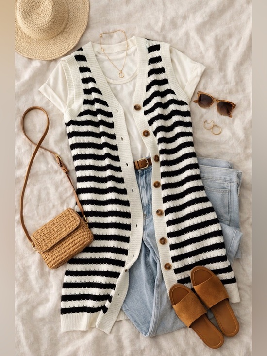 Sweaters - Black & Cream Striped Knit Button Front Sweater Vest cardigan Dress festival M